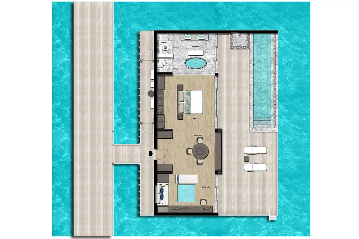 Overwater Villa Pool - A Luxurious Sanctuary Floating Above the Ocean - Floor Plan 1
